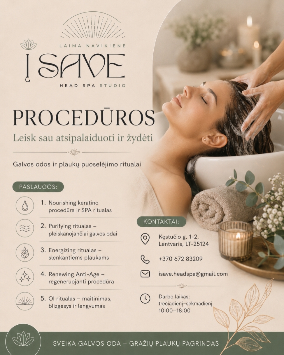 I SAVE Head Spa Studio procedūrų ir kontaktų maketas
