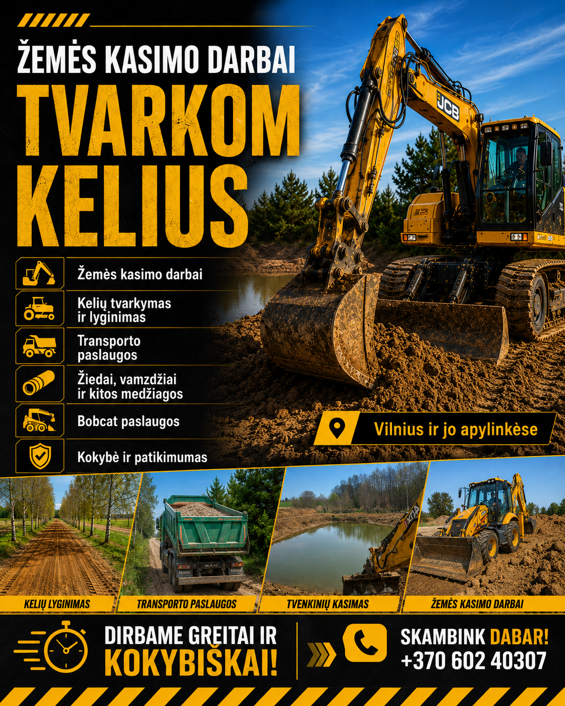 Žemės kasimo ir kelių tvarkymo darbų reklaminis maketas